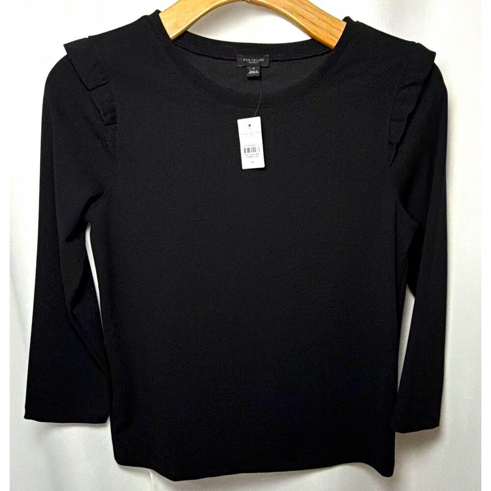 NWT Ann Taylor Women’s Medium Black Ruffle 3/4 Sleeve Blouse